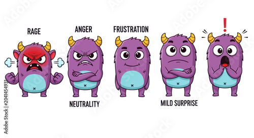 Εκτύπωση καμβά Purple cartoon monster with different emotions.