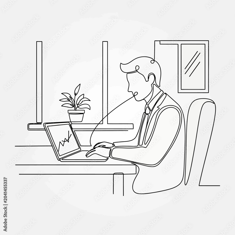 Fototapeta premium Business man working on laptop, office desk, continuous line drawing style