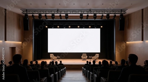 Modern Business Conference Venue with Blank White Display Screen and Professional Stage Setup