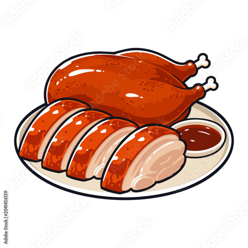 Hong Kong roast goose vector illustration, Cantonese BBQ duck-style poultry on plate with sliced meat and dipping sauce, Asian cuisine clipart for menu, restaurant, food poster, and culinary design.