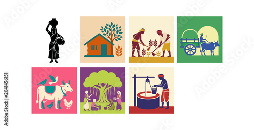 Obraz na płótnie Villagers Engaging in Traditional Rural Activities Depicted in Flat Vector Illustrations with Minimalist Style and Vibrant Colors