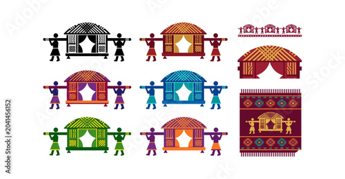 Schilderij op canvas Litters Carried by People in a Decorative, Minimalist Flat Vector Illustration Showing Cultural and Diverse Transportation
