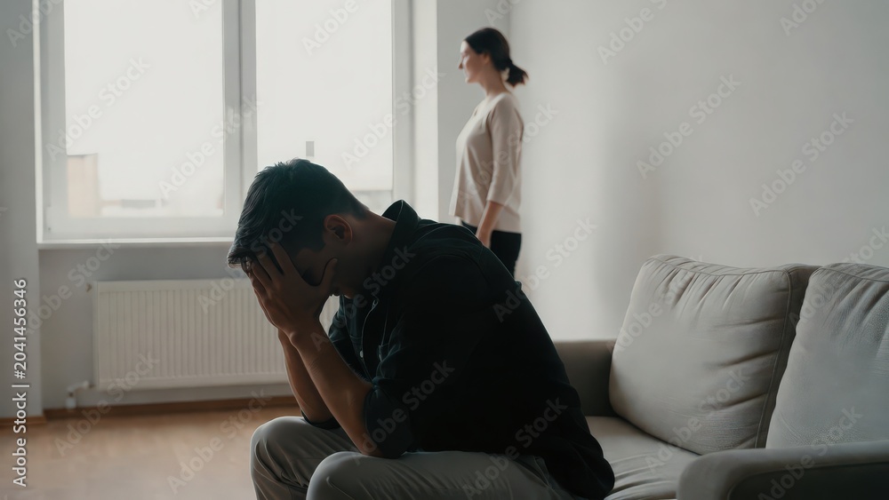 Fototapeta premium Conceptual studio photography illustrating emotional tension, betrayal, secrecy, infidelity, and modern relationship conflict through symbolic human interaction, body language, and minimalist visual s
