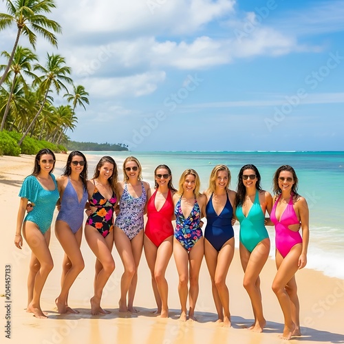 Group of Women in Swimsuits on a Tropical Beach Vacation.