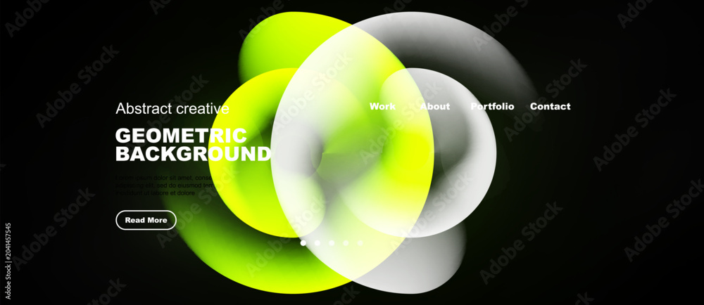 Fototapeta premium Abstract design features overlapping circles, vibrant green hues, dark background. Minimalist website layout includes navigation options, text elements.