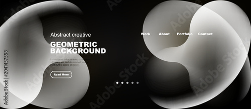 Abstract shapes form fluid design. Minimalist website header with text, navigation, dots. Dark background enhances visual impact.