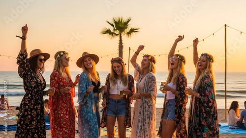 Group of young women enjoying a beach party at sunset with palm trees and string lights.