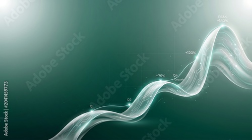 Abstract Business Growth Graph Background with Glowing Fluid Wave Line, Financial Data Chart, Digital Analytics Technology, and Percentage Growth Indicators on Dark Green Background