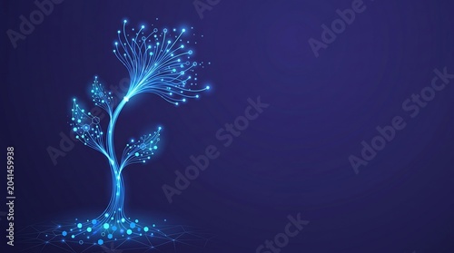 Abstract futuristic glowing digital plant growing on dark blue background. Cybernetic bio technology, artificial intelligence, green tech, and neural network connection concept with copy space