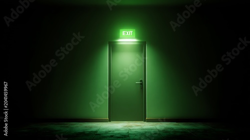 A green light shines on an exit door in a dark room with a concrete floor.