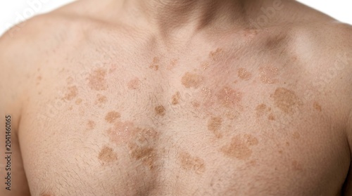 Dermatological skin condition on male chest showing fungal infection symptoms tinea versicolor patches on human torso, pityriasis versicolor skin rash with light brown spots