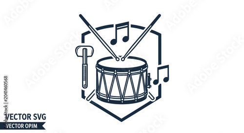 Foto Drum with drumsticks and music notes.