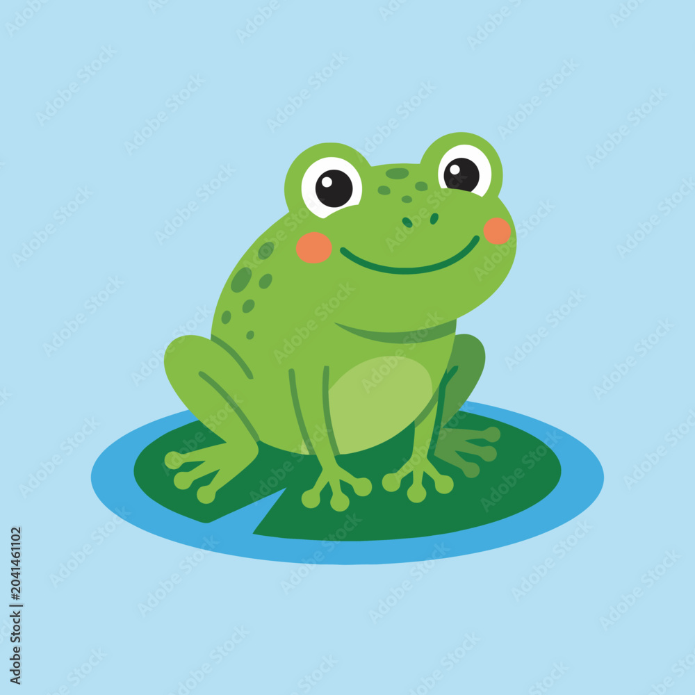 Fototapeta premium A cute green frog sits peacefully on a floating lily pad