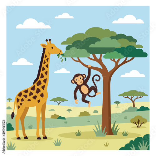 Canvas Print A giraffe and a monkey in a flat vector savanna landscape