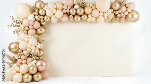 Elegant Gold and Cream Balloon Garland Framing a Blank Beige Backdrop for Mockup