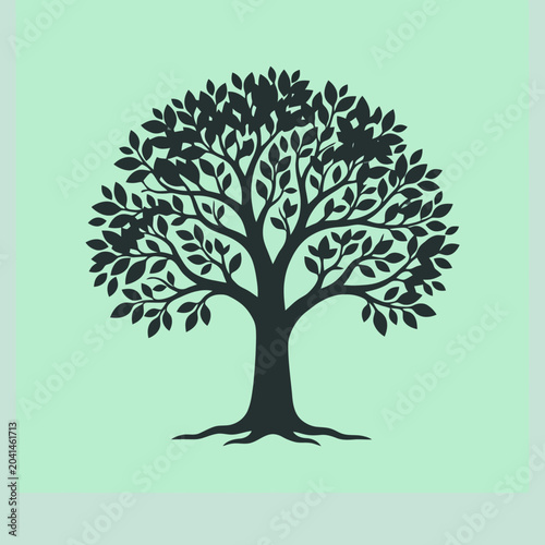 A dark silhouette of a leafy tree on a light background