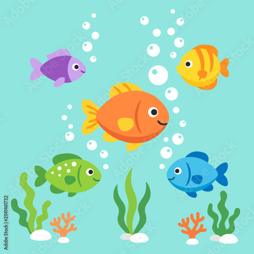 Colorful cartoon fish swimming in a bright blue ocean scene