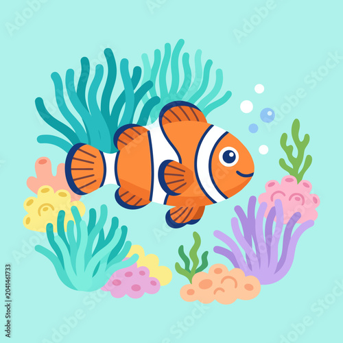A cute orange fish swims near colorful coral in the ocean