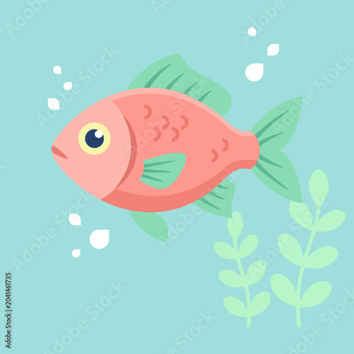A cute pink fish swims in the clear blue water