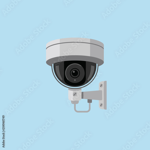 A modern security camera mounted on a plain light blue wall
