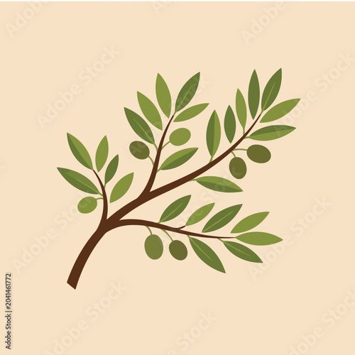 A simple illustration of a green olive branch on beige background