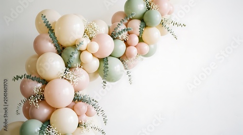 Elegant Pastel Balloon Arch with Eucalyptus and Baby's Breath on White Wall
