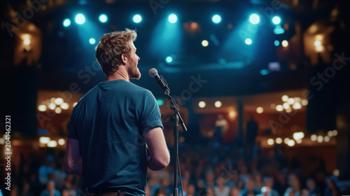 Speaker man with microphone on stage performing in front of audience in theater background