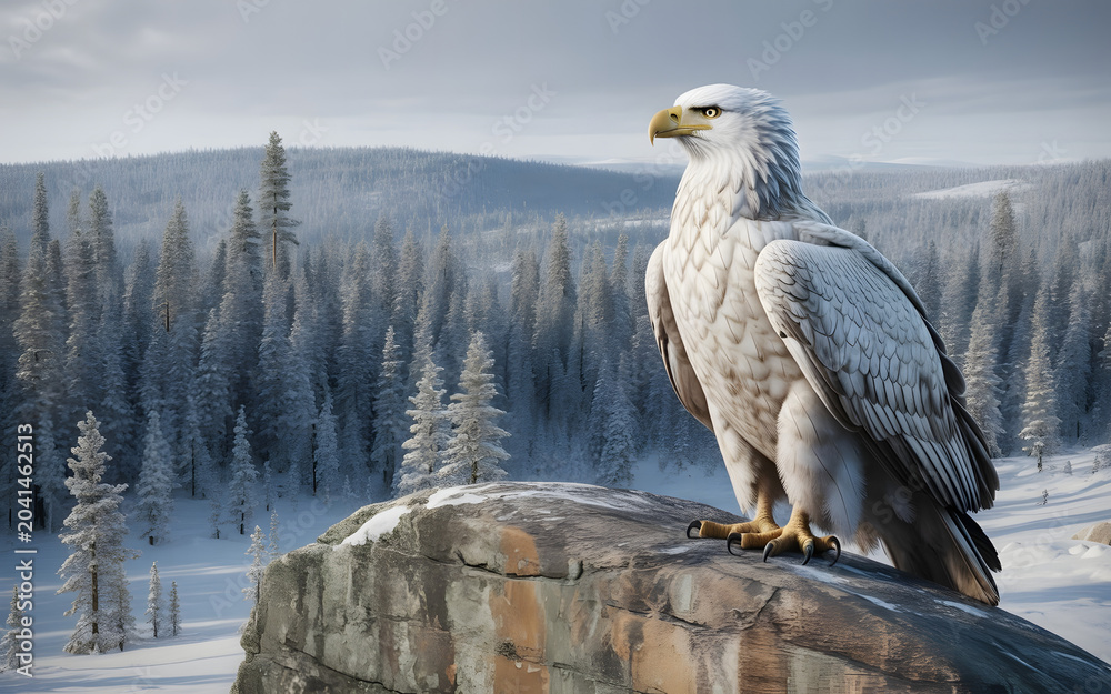 Fototapeta premium Eternal Boreal, the Untamed Northern Wilderness. Close-up of a white eagle on a stone.