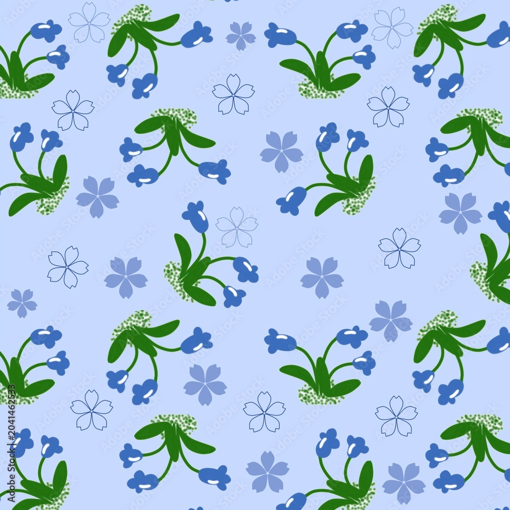 Obraz premium Seamless bluebell floral pattern, cute stylized blue flowers, green leaves, soft sky blue background. Delicate hand-drawn botanical motifs, repeating nature design ideal for textiles, wrapping paper. 