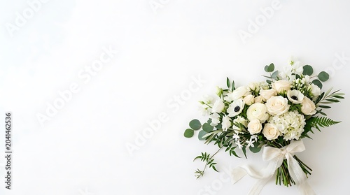 Elegant White Wedding Bridal Bouquet on White Background with Copy Space