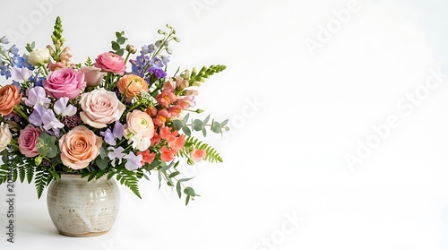 Lush floral bouquet with roses and ranunculus in ceramic vase on white background