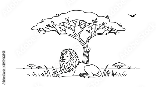Canvas Print Lion resting under a tree in a serene landscape