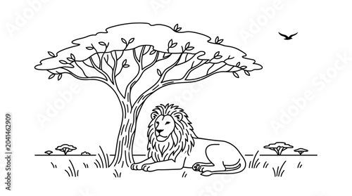 Photography Lion resting under a tree in a serene landscape (1)
