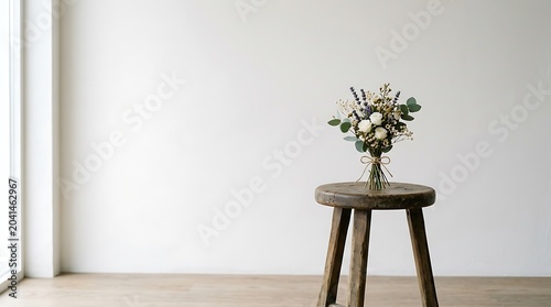 Minimalist interior with a flower bouquet on a rustic wooden stool against a white wall