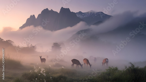 Mystical Landscapes of the Rwenzori Mountains, with deer in the morning.