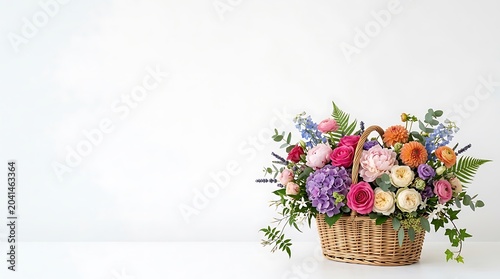 Vibrant Floral Arrangement in Wicker Basket on White Background with Copy Space