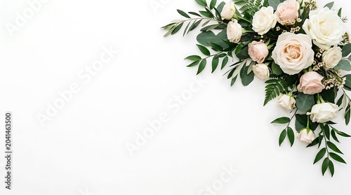 White and Pink Rose Floral Corner Arrangement on a White Background