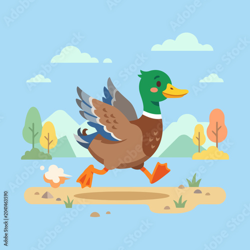A cute cartoon duck running across a sunny outdoor landscape scene