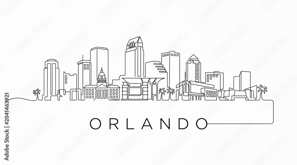 Fototapeta premium Orlando Skyline Line Art Illustration, Minimalist Black and White