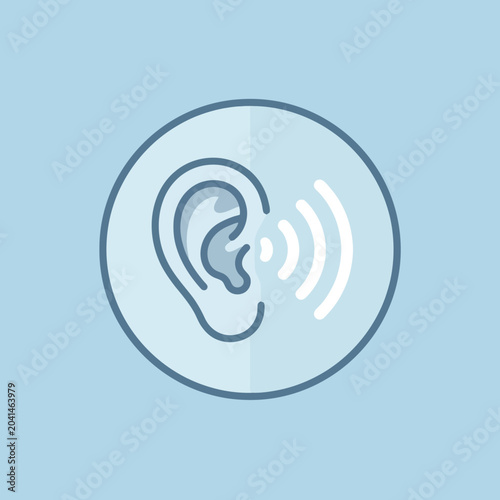 A flat vector icon showing a human ear with sound waves