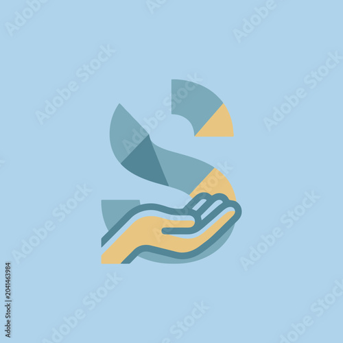 A stylized graphic showing a hand supporting a geometric shape