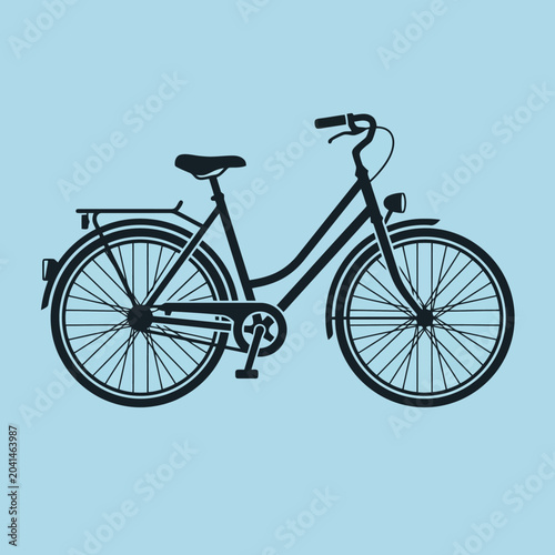 A simple black silhouette of a classic bicycle on blue background