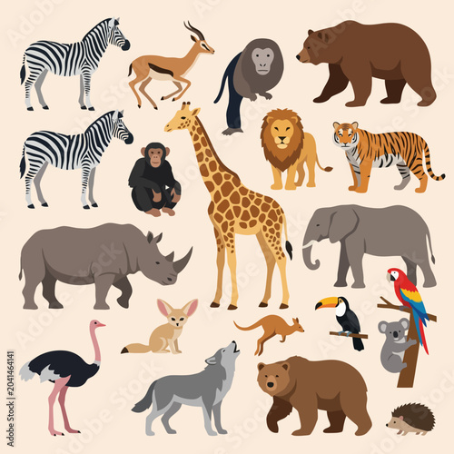 Photography A collection of various wild animals illustrated in flat style