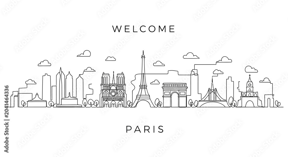 Naklejka premium Paris Skyline Illustration: Iconic Landmarks in Minimalist Outline