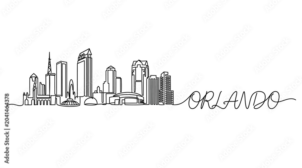Fototapeta premium Orlando Skyline Continuous Line Art Illustration, Urban Landscape Concept