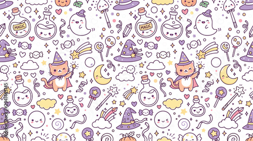 Tableau sur toile Kawaii Magic Cat Seamless Pattern Vector with Cute Ghost Potion Bottles Witch Ha