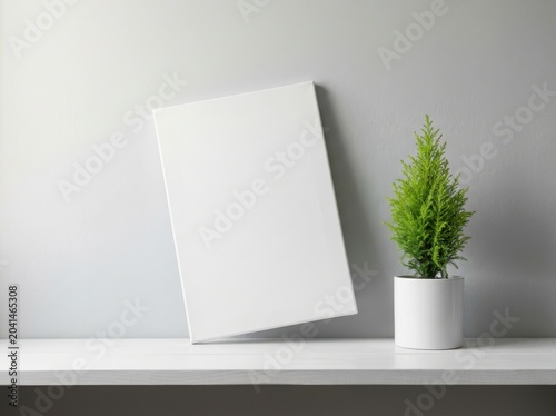 Blank Canvas Mockup with Small Green Plant on Shelf Against Textured Wall