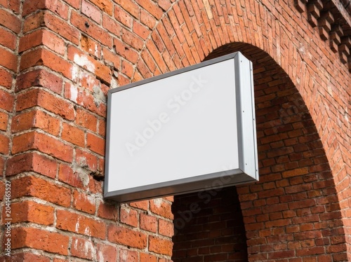 Blank Signboard Mounted on Textured Red Brick Wall Under Natural Light