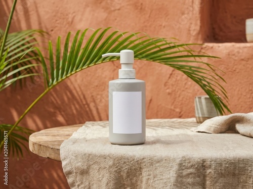 Minimalist soap dispenser with blank label on rustic wooden table, tropical plant background