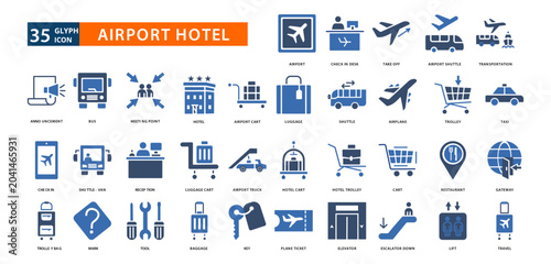 Foto airport hotel icon set whit airport, check in desk,
take off, airport shuttle, t